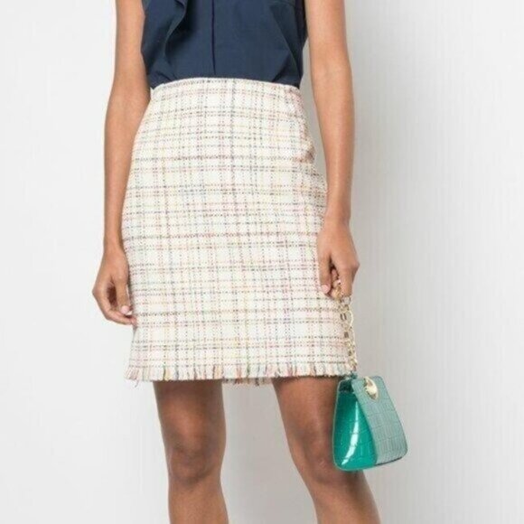 Akris Punto Tweed Lurex Fringed Mini Skirt 4 Cream Multicolor Business Office - Picture 1 of 7